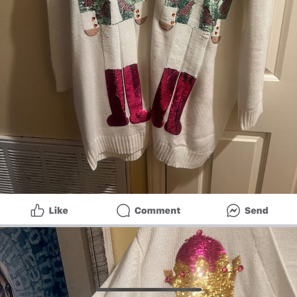 QUEEN OF SPARKLES White Sweater with Pink and Gold Sequin Design